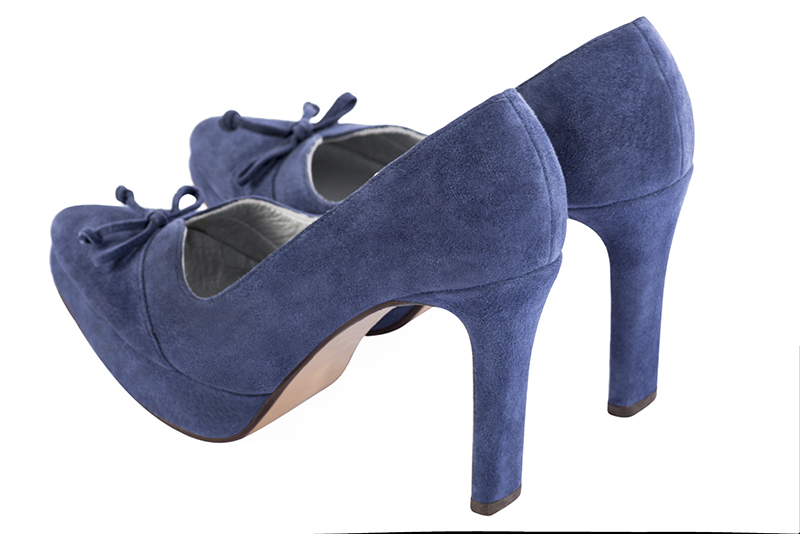 Prussian blue women's dress pumps, with a knot on the front. Tapered toe. Very high slim heel with a platform at the front. Rear view - Florence KOOIJMAN